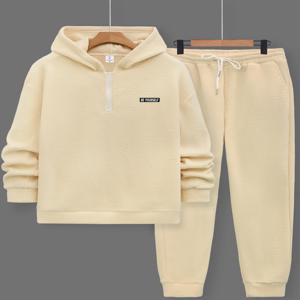 남성용 겨울 플리스 세트 반집업 후디와 커프드 팬츠 따뜻한 캐주얼 투피스 수트 편안한 여가 시간용
