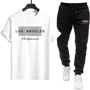 남성용 트랙수트 O넥 티셔츠와 블랙 스웨트팬츠 시티 바이브 패션 티셔츠 세트 봄 여름 캐주얼 남성 반팔 세트
