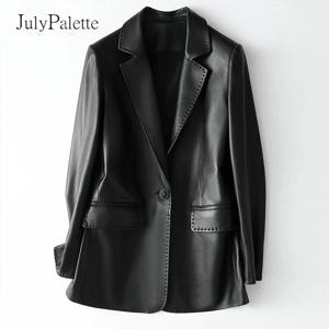 Julypallette 진짜 양가죽 가죽 블레이저 재킷, 노치 칼라, 사무실 숙녀 재킷 코트, 2022 봄 패션