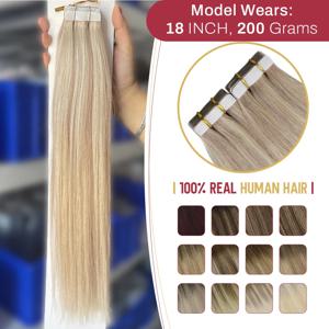 Morewoo-레미 애쉬 블론드 하이라이트 헤어 실키 스트레이트 헤어 익스텐션, 인모 익스텐션 테이프 100% 실제 테이프 Moresoo 사람 머리 연장대 Remy Ash 금발 돌출 머리 매끄러운 생머리 연장대 100% 실물 머리띠