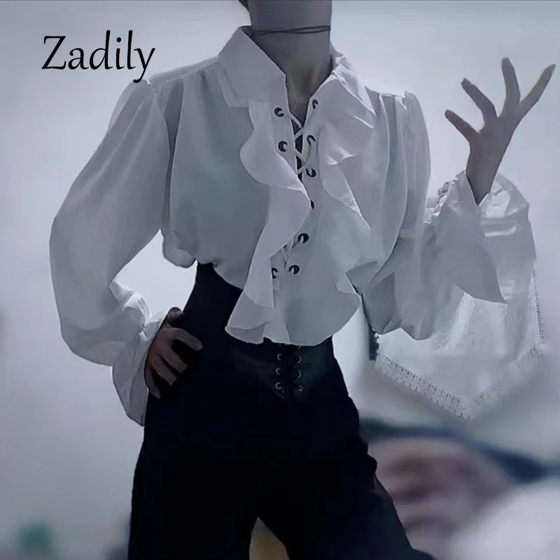 빅토리아 스타일 여성 고딕 블라우스 빈티지 르네상스 해적 왕자 시인 셔츠 프릴 레이스 업 중세 해적 탑