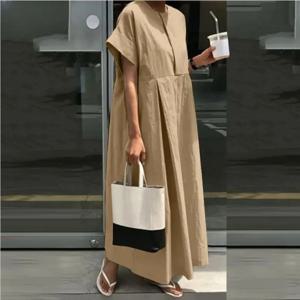 여성 L-5XL 플러스 사이즈 루즈한 코튼 원피스 라운드넥, 단색 롱 원피스, 대학생 스타일 반팔, 루즈한 캐주얼, 라지 사이즈