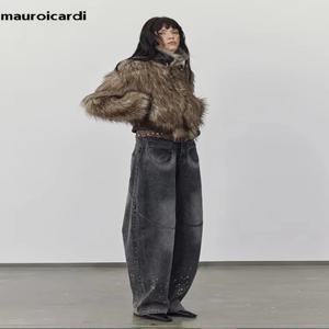 Mauroicardi 용수철 겨울 쿨 짧은 따뜻한 두꺼운 털 털 패치워크 인조 여우 모피 코트 재킷, 럭셔리 디자이너 의류