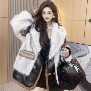 인조 여우 모피 PU 스플라이스 코트, 턴다운 칼라, 모조 밍크 모피, 인조 가죽 재킷, 따뜻한 모피 파카, 가디건 상의, 에스닉 겨울