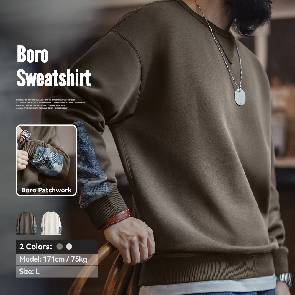 Maden 남성용 빈티지 보라 패치워크 맨투맨, 캐주얼 라운드넥 상의, 클래식 풀오버, 용수철 및 가을 패션 스트리트웨어