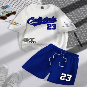 2025 여름 새로운 트렌드 남성 정장 라운드 넥 반팔 세트 패션 맞춤형 영숫자 인쇄 라운드 넥 티셔츠와 쇼어