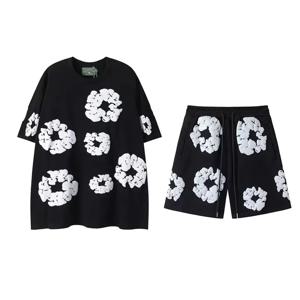 데님 눈물 뜨거운 판매 유럽과 미국의 유행 힙합 목화 꽃 인쇄 짧은 소매 세트 하이 스트리트 느슨한 운동복