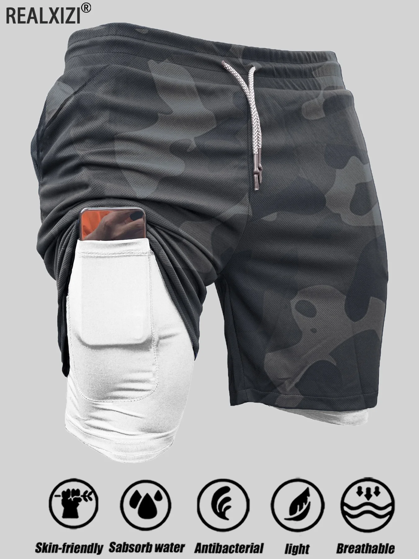 남성 스포츠 반바지 더블 레이어 2 In 1 빠른 건조 통기성 캐주얼 반바지 여름 훈련 러닝 스포츠웨어 짧은 바지