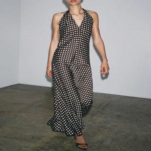 2025년 여름 신상 여성 패션 섹시 백리스 민소매 물방울 무늬 칼라 드레스 에스닉 무대 의상 홀터넥 가운