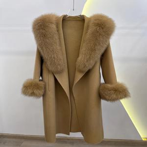 겨울 여성 모직 코트 천연 리얼 폭스 퍼 칼라 재킷 롱 울 코트 두꺼운 따뜻한 아우터 탈부착 가능한 루즈 벨트 재킷