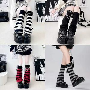스트라이프 Jk 가을 레그워머 Y2K 펑크 니트 레그워머 로리타 양말 플레어 니트 롱 웜어 풋 커버 허벅지 높이 로리타