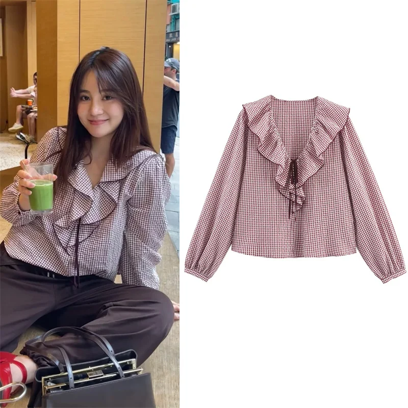 여성 셔츠 2025 가을 신상 레드 체크 긴팔 스택 장식 파스텔 컬리지 스타일 셔츠 캐주얼 패션 활기 넘치는 개성