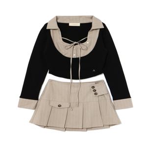 일본 스타일 가을 겨울 스트라이프 반치마 숏 스커트 세트 타이 긴 소매 턴다운 칼라 탑 여성 한복