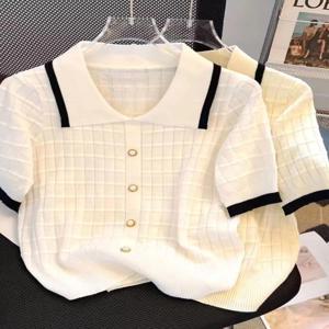 레트로 홀로우 아이스 실크 반팔 티셔츠 여성 여름 신상 스트라이프 니트 슬림핏 작은 향수 주머니