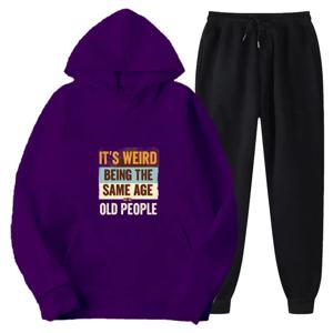 퍼플 프린트 후드티 세트 '같은 나이에 있는 것이 이상하다' 노인 유머 스웨트셔츠 & 조거 팬츠 캐주얼 웨어, 홈, 라운지, 언제나 착용 가능