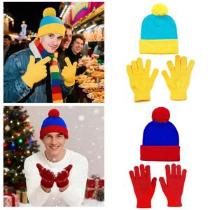 2개 세트 크리스마스 비니 모자와 장갑, 배색 다섯 손가락 장갑, 신축성 방풍 풀오버 캡, 퍼 볼 모자