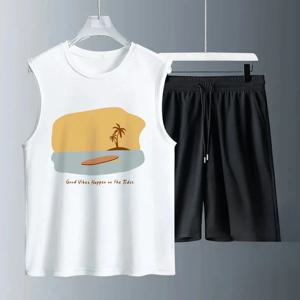 2025 남성 캐주얼 민소매 여름 노란색 그래피티 프린트 바닷가 세트 가볍고 통기성 좋은 고급 남성 의류