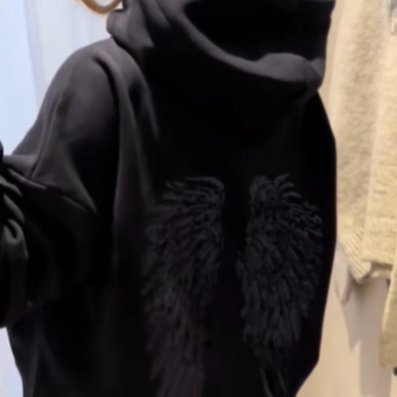 여성 패션 스팽글 천사 날개 프린트 후드티 캐주얼 긴팔 후드 솔리드 컬러 탑스 2025 신상 하이 스트리트 Y2K 아우터웨어