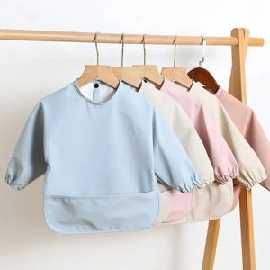긴 소매가있는 솔리드 컬러 베이비 턱받이 소년 소녀를위한 방수 어린이 먹이 앞치마 턱받이 Easy Clean 유아 미술 작업복