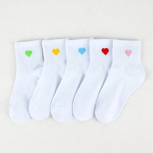 여아용 귀여운 하트 패턴 양말, 편안한 어린이 흰색 양말, 5 켤레