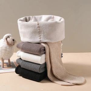 가을 겨울 새로운 얇은 플러시 세로 줄무늬 솔리드 컬러 소녀 팬티 스타킹 플러시 따뜻한 어린이 바닥 양말과 팬티