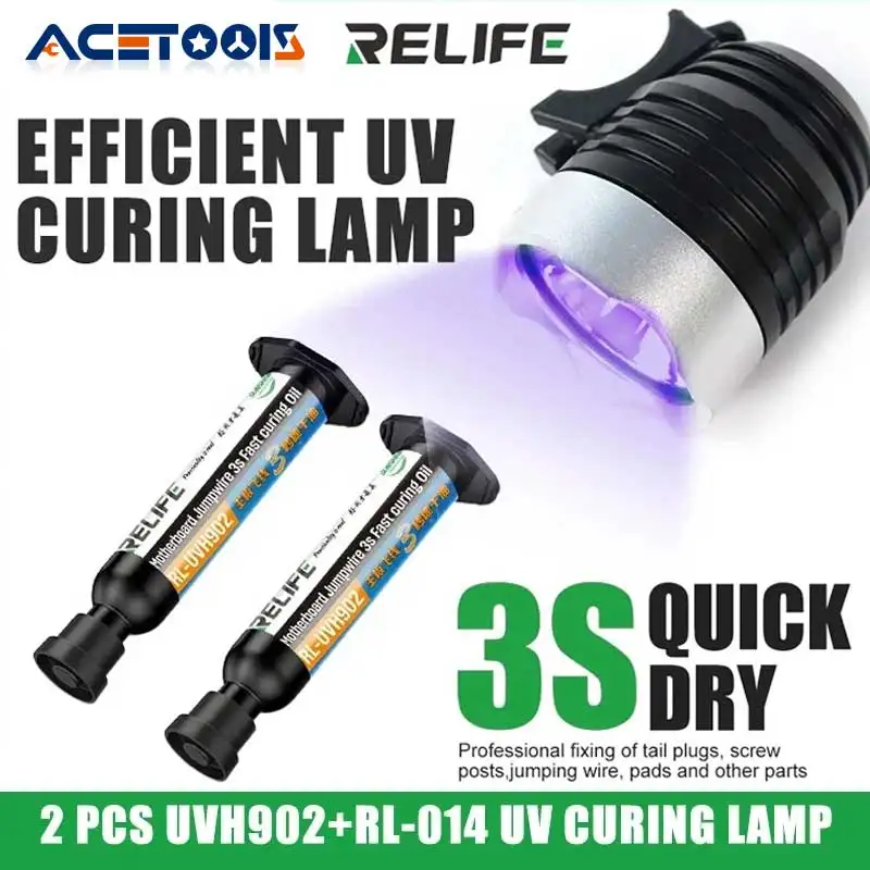 2개 세트 RELIFE RL-UVH902 10ML UV 솔더 마스크 잉크 3초 빠른 건조 + RL-014 UV 경화 라이트 휴대폰 수리 점핑 와이어용