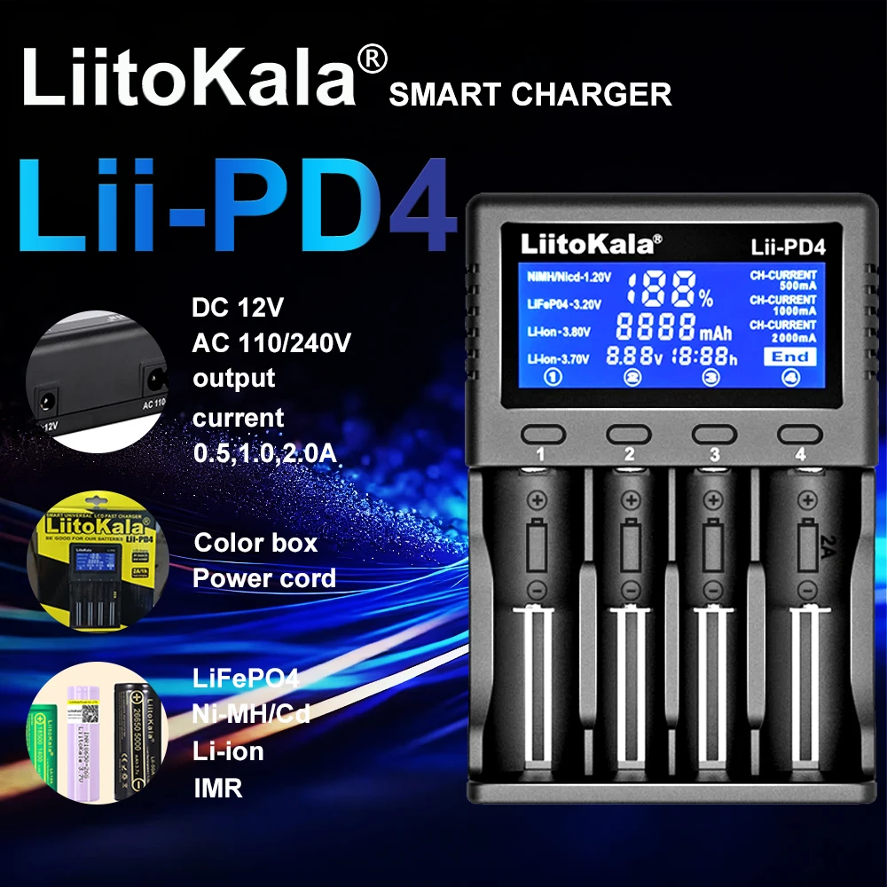 리토칼라 Lii-PD4 LCD 리튬 배터리 충전기 (18650, 18500, 16340, 21700, 20700, 10440, 14500, 26650 및 AAA NiMH 1.2V 충전식 배터리용)