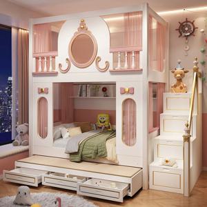 어린이 침대 여자아이 침대 올라오내리 침대 꿈의 성 공주 침대 등판 겸용 이층 침대