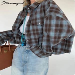 스트림걸 오버사이즈 체크 셔츠 여성 2026 봄 루즈 빈티지 롱 셔츠 긴팔 여성 체크 브라운 오버사이즈 셔츠 블루