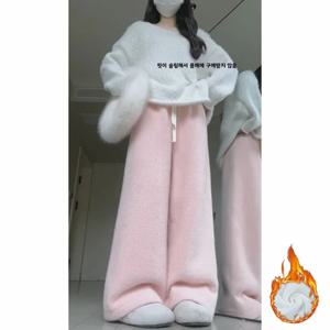 핑크색 한국 스타일 니트 밍크 퍼 안감 두꺼운 일자 바지 여성용 가을 겨울 신상품 부드럽고 포근한
