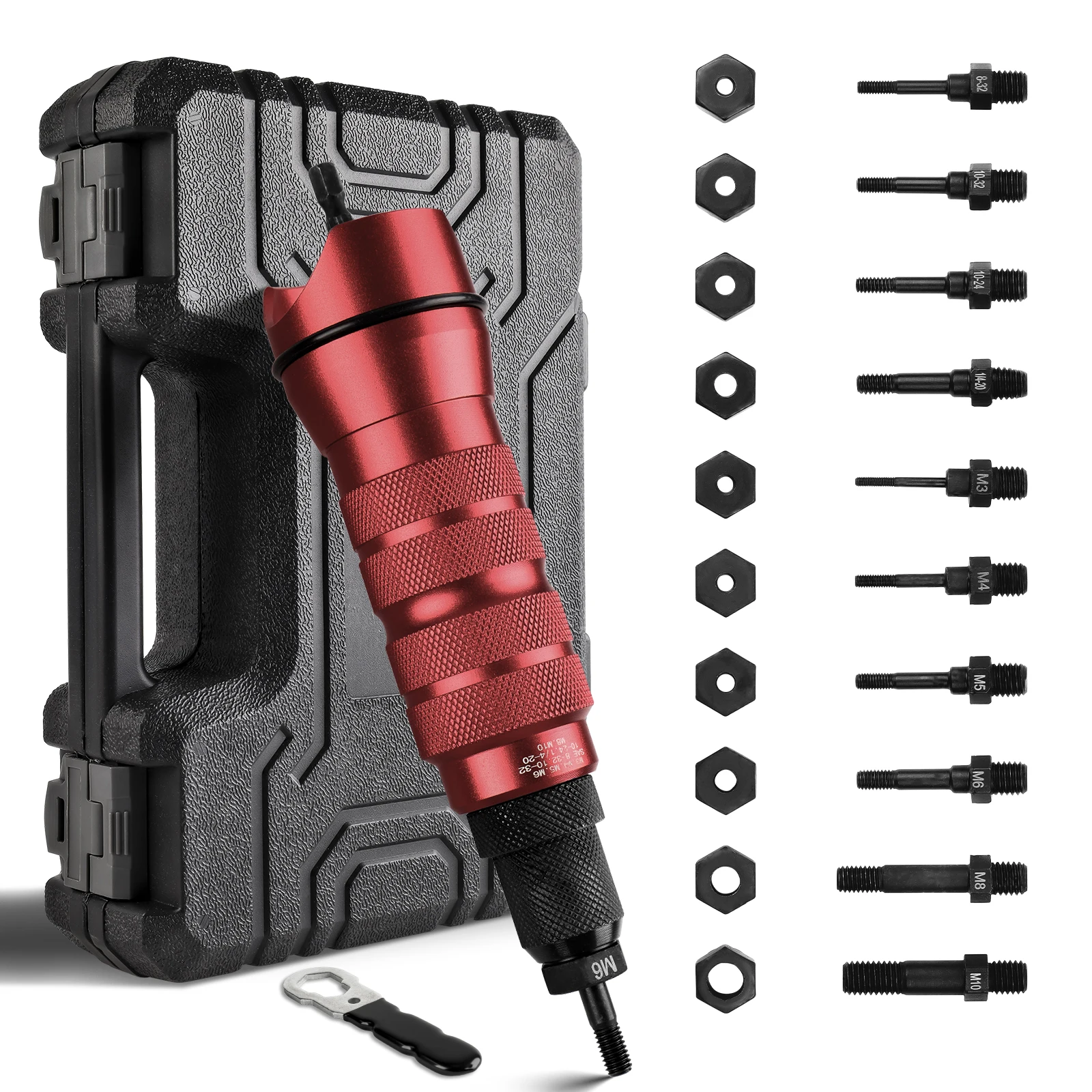 미터법 M3 M4 M5 M6 M8 M10+Imperial 1/4-2010-24 10-32 8-32 가정용 전문 등급 전기 리벳 너트 건 어댑터, 빠른 삽입 너트 리벳 도구, 도구 상자 포함,