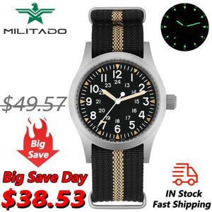 Militado ML05 38mm 빈티지 시계 VH31 쿼츠 무브먼트 필드 시계 높은 투명 AR 코팅 손목 시계가있는 돔형 사파이어 크리스탈