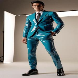 블루 PU 가죽 남성 정장 세트 2 조각 블레이저 + 바지 바지 웨딩 턱시도 공식 사무실 신랑 댄스 파티 재킷 비즈니스 코트