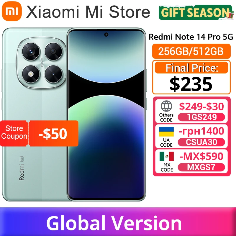 글로벌 버전 샤오미 레드미 노트 14 프로 5G 스마트폰 미디어텍 디멘시티 7300-울트라 200MP AI 카메라 NFC 6.67인치 AMOLED 디스플레이 IP68