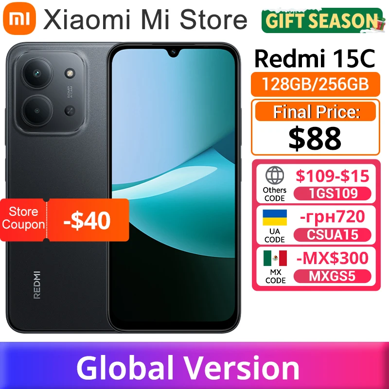 샤오미 레드미 15C 글로벌 버전 스마트폰 50MP 메인 카메라 120Hz 6.9인치 도트 드롭 디스플레이 33W 충전 미디어텍 헬리오 G81-울트라