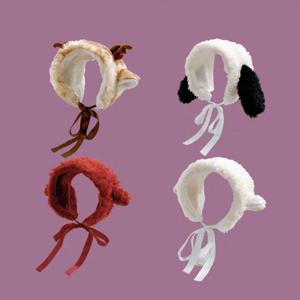 일본 귀여운 강아지 귀 모양 플러시 귀마개 여성용 가을 겨울 따뜻한 다용도 뿔 스트랩 귀 보호 비니 모자