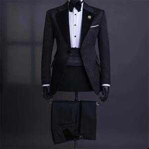 자카드 남자 정장 세트 2 조각 블레이저 + 블랙 바지 바지 웨딩 턱시도 신랑 댄스 파티 코트 코튼 맞춤형 공식 오피스 자켓