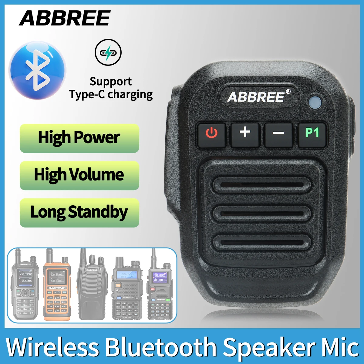 ABBREE 무선 블루투스 스피커 마이크 핸드 헬드 마이크 Type-C 고출력 Baofeng UV-5RH 21 Quansheng UV-K5(8) 워키 토키