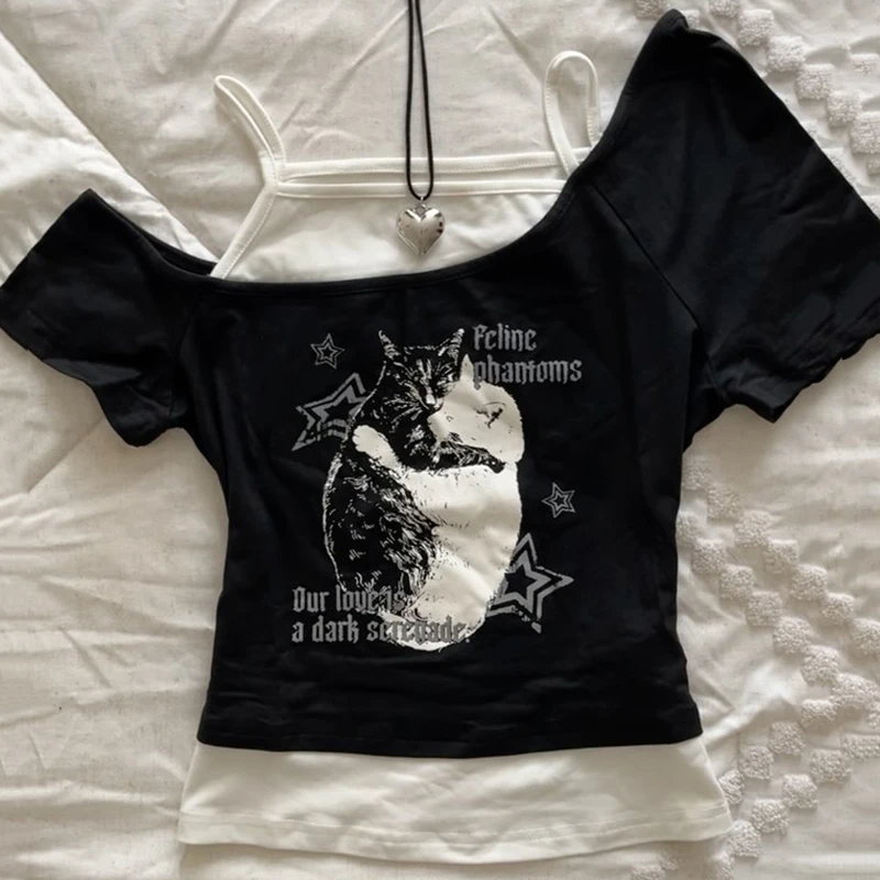 Asthetische Goth Fledermaus Brief Y2K Stil zweitelige 티셔츠 Kurzarm Weste 하라주쿠 streetwear Hosentrger Frauen Kleidung Shirt