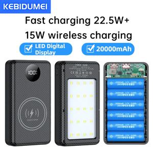 6*18650 20000mAh 보조베터리 케이스 22.5W 고속 충전 15W 무선 충전 모바일 보조베터리 하우징 전화용 배터리 홀더