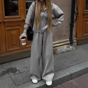 2025 가을 신상 패션 긴팔 지퍼 스웨터 가디건 롱 팬츠 애슬레저 투피스 캐주얼 가디건 세트 여성