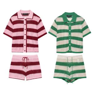 여성 니트 세트 반바지 세트 여성 싱글 브레스트 짧은 소매 셔츠 스트라이프 미니 반바지 여름 휴가 해변 레이디 슈트