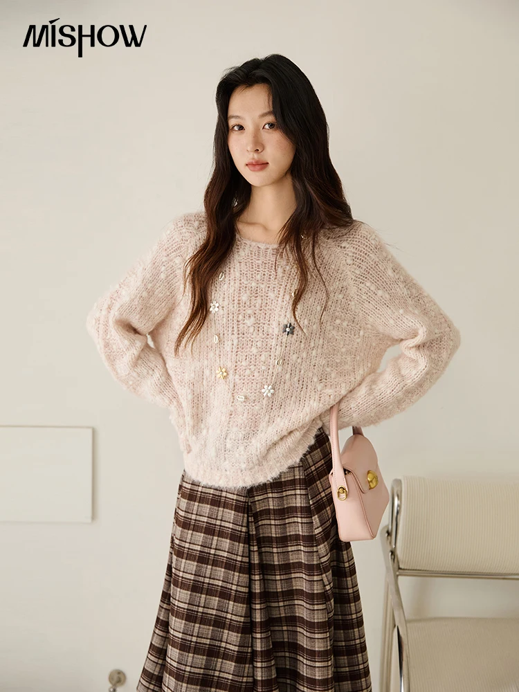 MISHOW 스쿱넥 루즈 스웨터 2025 가을 래글런 슬리브 캐주얼 니트 탑 홀로우아웃 울 블렌드 소프트 웜 스웨터 MXE46Z2565