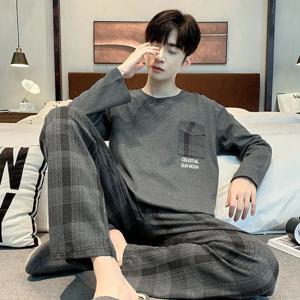 코튼 잠옷 남성 긴팔 청소년 대형 잠옷 Homewear 라운드 넥 만화 공룡 잠옷 Loungewear