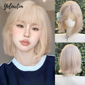 옐로우팀 합성 섬유 가발 여성용 밝은 금발 단발 스트레이트 헤어 테일 나이프형 고온 실크 풀 헤드 세트 가발