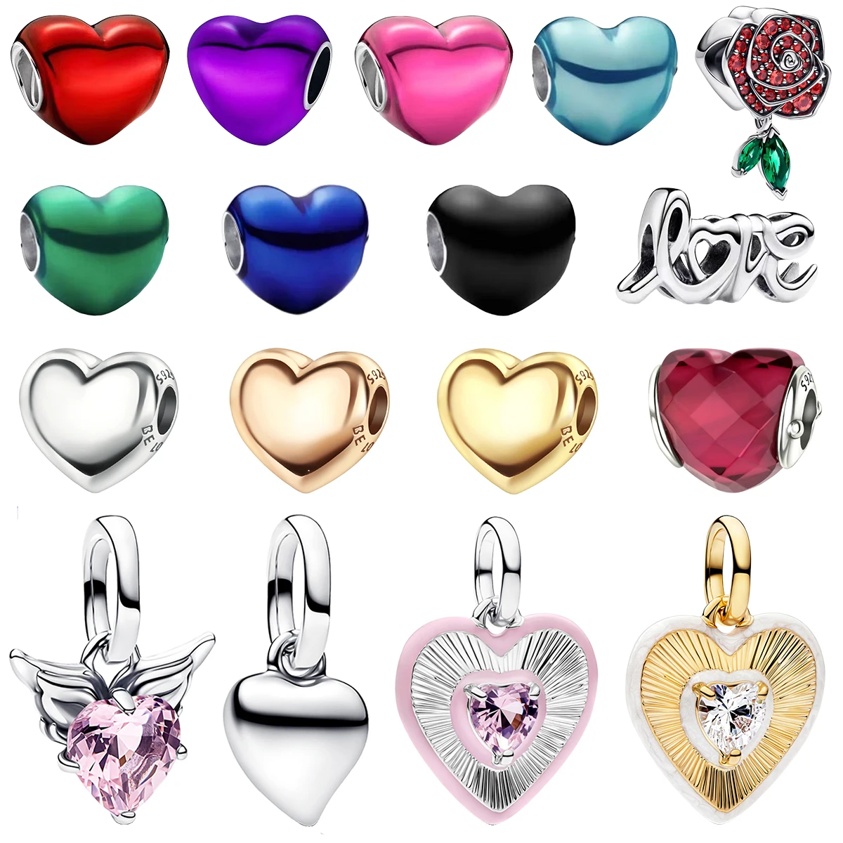 925 스털링 실버 하트 모양 로즈 골드 블루 레드 러브 참 펜던트 비즈 DIY 팔찌 목걸이 부품 고급 보석 선물