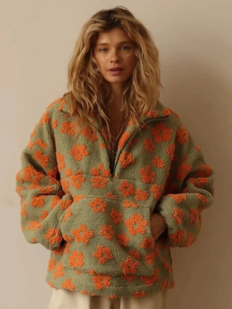 블루벨 신상 가을 겨울 여성용 셰르파 플로럴 풀오버 후드티 하프 집업 스타일 루즈핏 따뜻하고 스타일리시한 스웨트셔츠