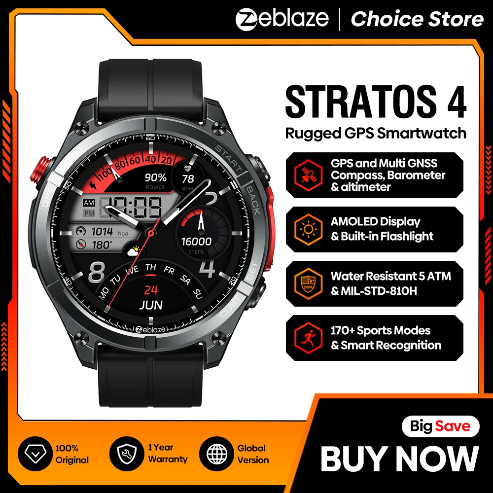 신제품 2025 Zeblaze Stratos 4 GPS 스마트워치 1.43인치 AMOLED 화면 나침반 기압계 고도계 플래시라이트 음성 통화 스마트워치