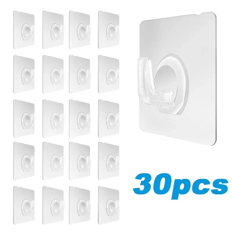 30PCS 벽 후크 투명 강력한 자기 접착 키 수건 문 벽 걸이 교수형 주방 욕실 액세서리 후크