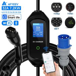 AFYEEV 32A 7.2KW Type2 Type1EV 충전기 휴대용 GB/T 전기 자동차 충전기 EVSE 충전 케이블 WiFi Bluetooth APP 제어